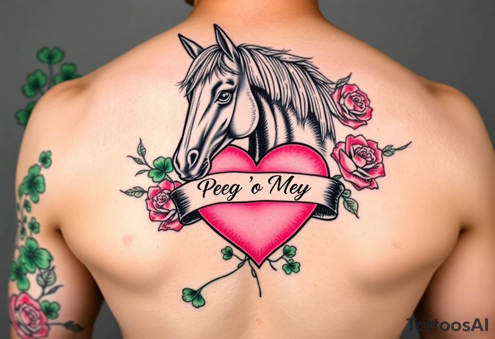 A lot of green shamrocks & red roses, horse with a big Pink heart and a banner across the heart that says Peg 'o My Heart tattoo idea