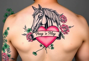 A lot of green shamrocks & red roses, horse with a big Pink heart and a banner across the heart that says Peg 'o My Heart tattoo idea