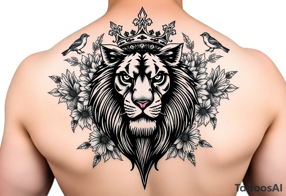 powerful majestic lion with a crown, surrounded by floral ornaments and birds tattoo idea