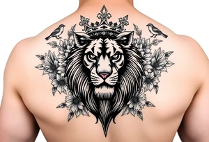 powerful majestic lion with a crown, surrounded by floral ornaments and birds tattoo idea