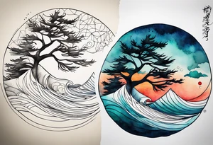 Spruce tree. Ocean waves incorporated.  The words “salt air” integrated into the design.  Geometric and abstract watercolor. tattoo idea