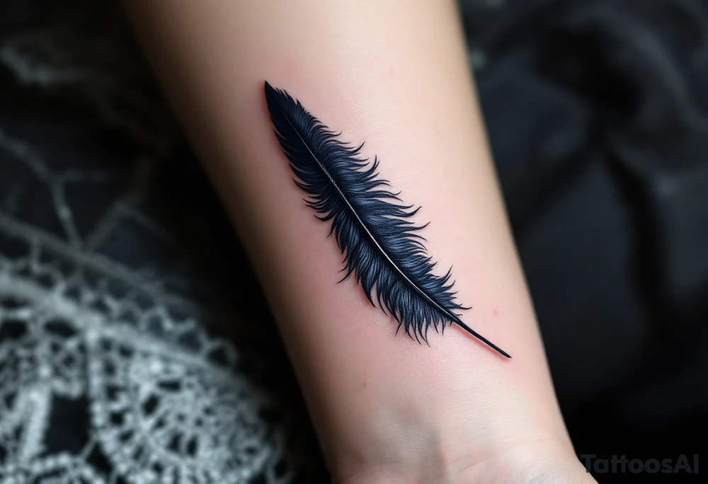 Single Raven Feather – Long, slightly curved falling number of feathers in shades of deep black with hints of glossy navy blue, textured like real plumage, symbolizing mystery and transformation. tattoo idea