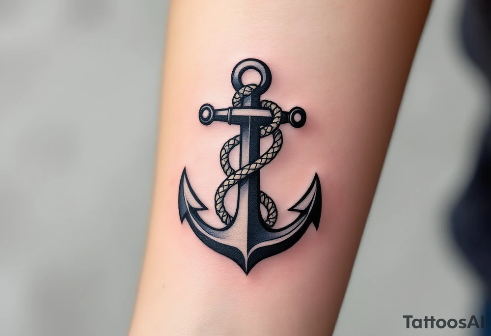 weathered anchor wrapped in nautical rope with sea waves tattoo idea