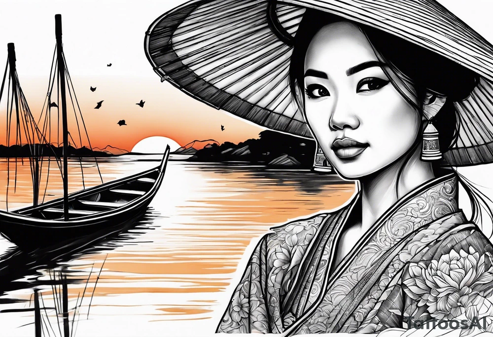 vietnamese lady on boat, water, lanterns, sunset tattoo idea