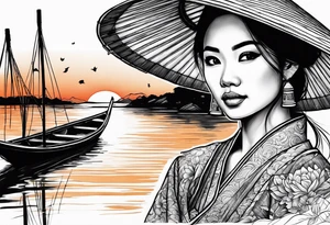 vietnamese lady on boat, water, lanterns, sunset tattoo idea