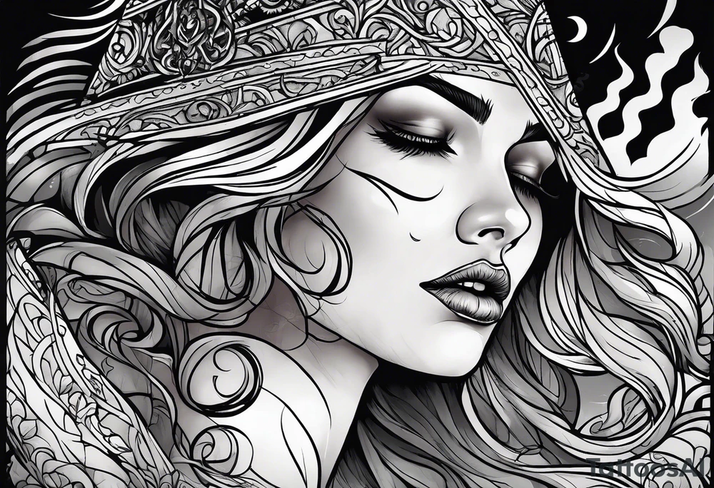 Courageous Woman with a tear running down her face walking out of a graveyard  leaving her old terrifying, scary, violent past behind her ethereal and mysterious tattoo idea
