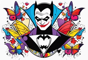 Small Batman and joker tattoo with butterflies and lots of color and harley quinn tattoo idea