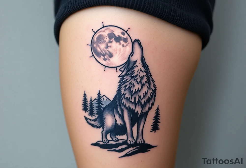 lone wolf howling at full moon with northern lights backdrop tattoo idea