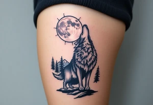 lone wolf howling at full moon with northern lights backdrop tattoo idea