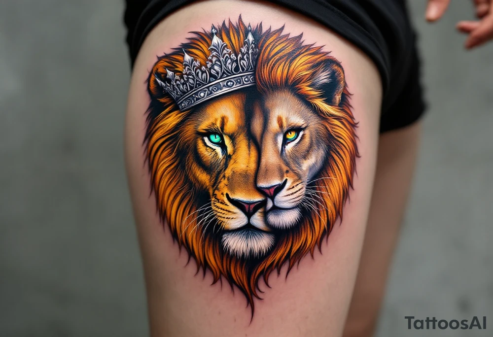A lion with a golden mane facing a lioness with a silver crown, their eyes inked in piercing green and amber. tattoo idea
