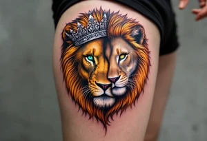 A lion with a golden mane facing a lioness with a silver crown, their eyes inked in piercing green and amber. tattoo idea