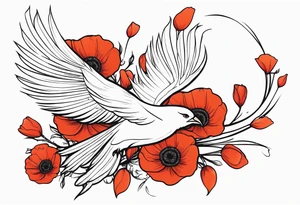 elongated phoenix in flight 
in profile long tail with claws holding poppies falling tattoo idea