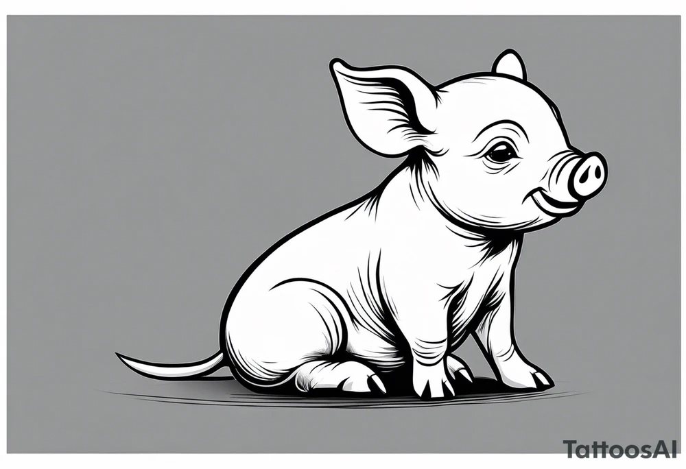 cute piglet sitting on bum. thin lines minimal shading, black and white only tattoo idea