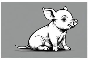 cute piglet sitting on bum. thin lines minimal shading, black and white only tattoo idea