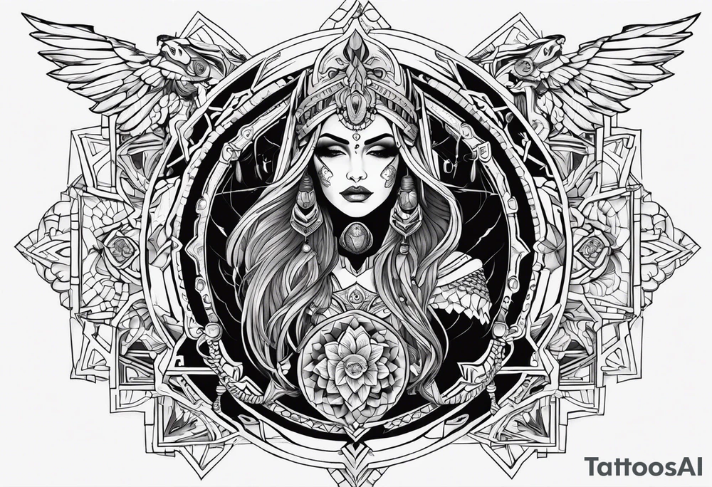 kali ma, alien goddess, valkrye, aries, pirate, divine feminine, zenza resonance, pachamama, lotus azul, blank panther, eagle, skull, 5D, nueva gaya, dna 12, left side chest tatoo tattoo idea