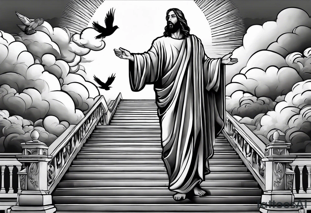 Jesus standing on a flight of stairs with clouds, sunshine and a dove in the background tattoo idea