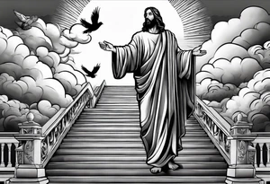 Jesus standing on a flight of stairs with clouds, sunshine and a dove in the background tattoo idea