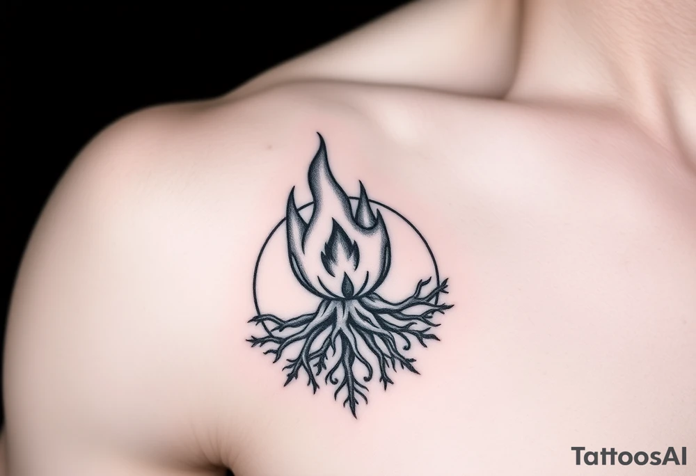 flame in a blooming roots circle tattoo idea
