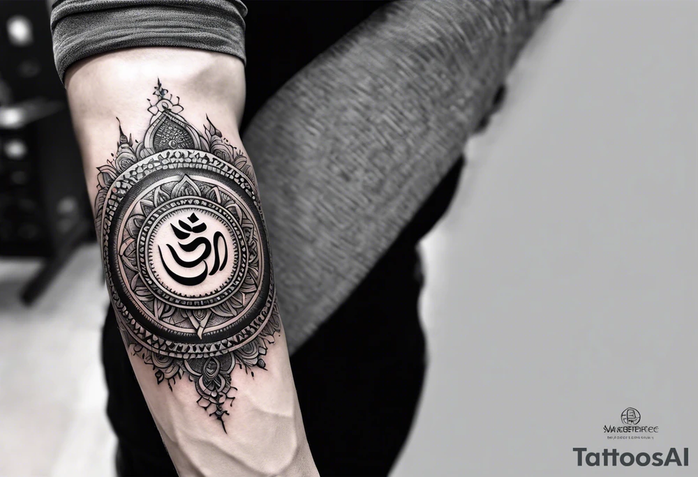 Forearm sleeve tattoo based around Sanskrit Om symbol tattoo idea