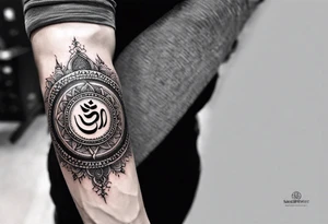 Forearm sleeve tattoo based around Sanskrit Om symbol tattoo idea