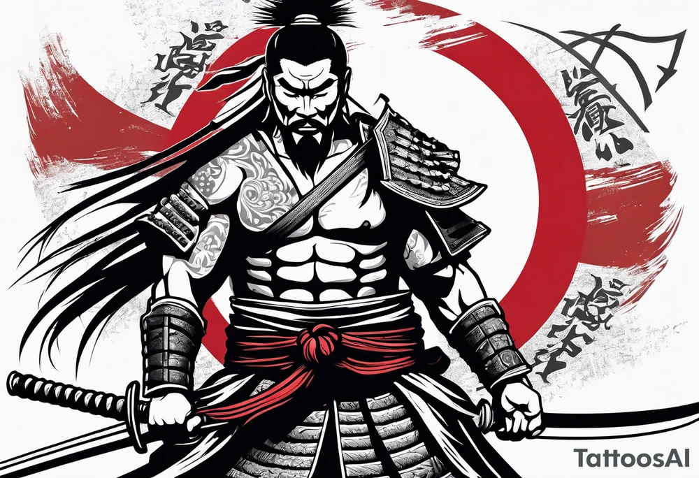Bushido warrior with 7 rules writen characters, with albanian flag themed tattoo idea