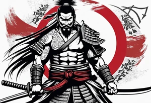 Bushido warrior with 7 rules writen characters, with albanian flag themed tattoo idea