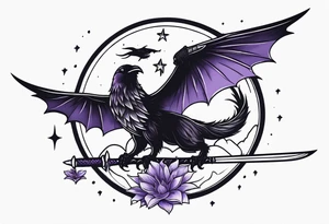 a fantasy book. a flying dragon. A pawn. a cluster of lavender. a sword with a bee. A raven. Stars and crescent moon with mountains tattoo idea