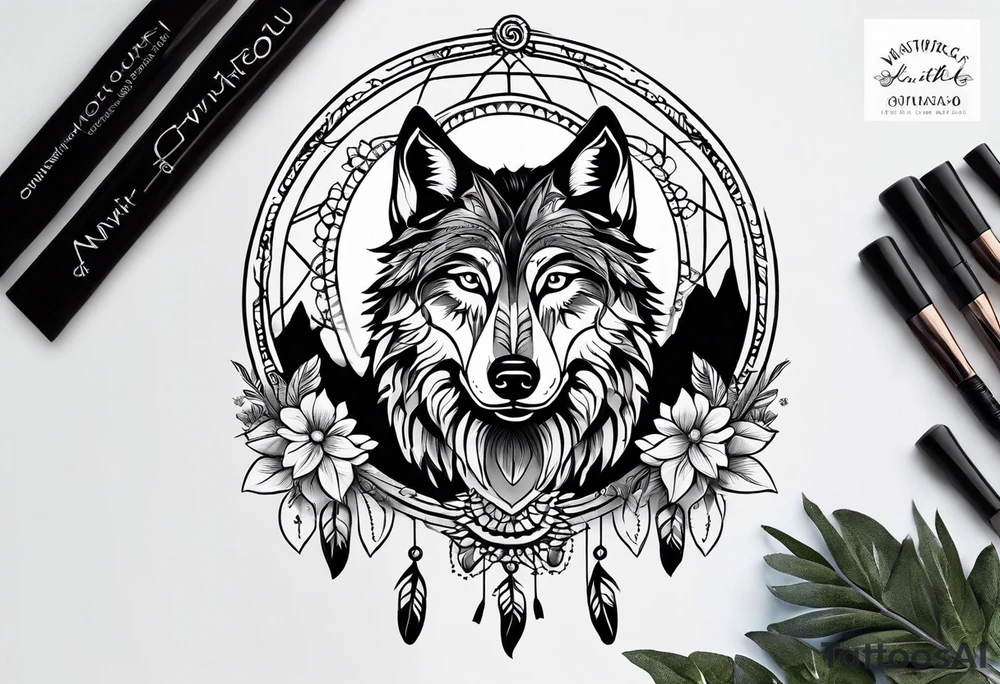 A whimsical wolf tattoo featuring mandala or dream catcher elements, with the wolf as the central focus, surrounded by mountains in the background. Include flowers and nature elements to fill the space around the wolf. Some color but not completely solid bold color tattoo idea
