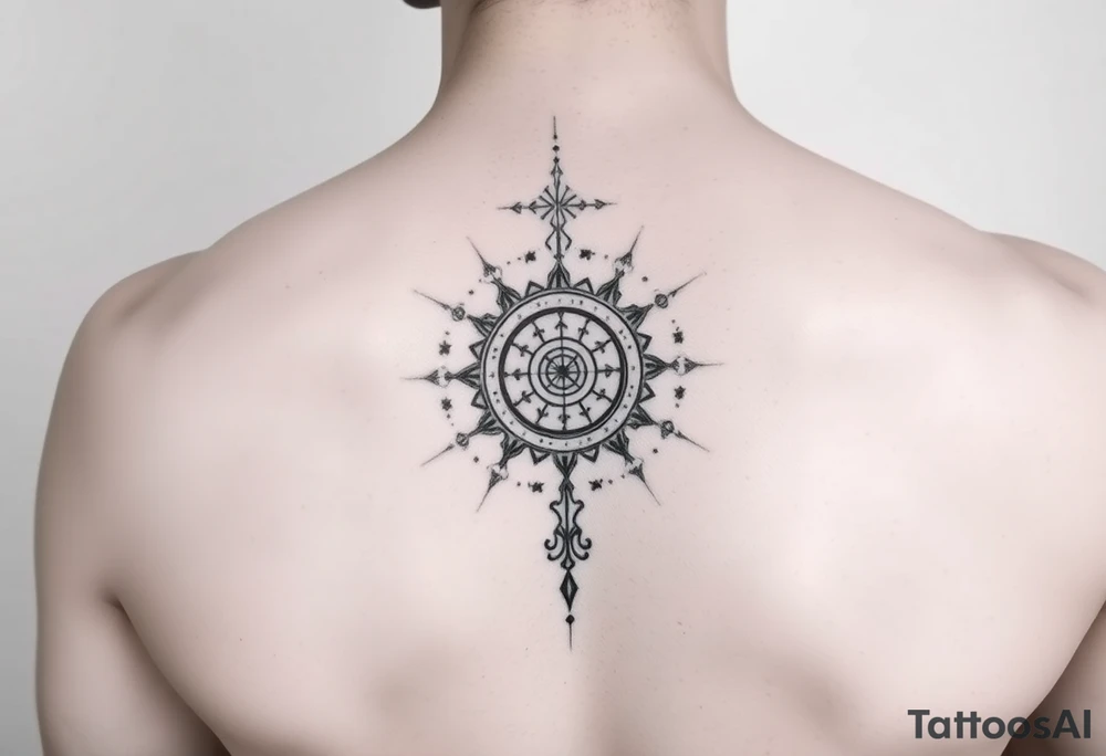 Minimalist style tattoo with oranental design with symbolism and dot work , full back tattoo idea