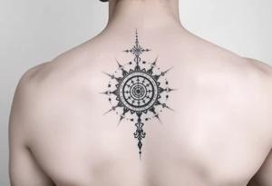 Minimalist style tattoo with oranental design with symbolism and dot work , full back tattoo idea