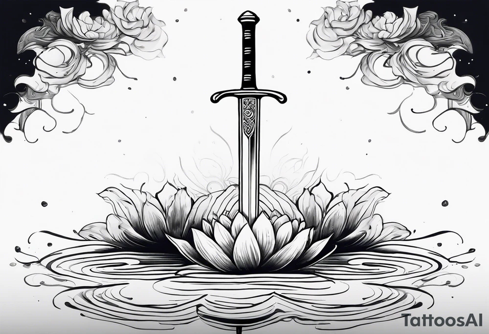 a sword with the idea of tranquility. THat has ripples resembling a pond. Brush strokes surrounding it. tattoo idea