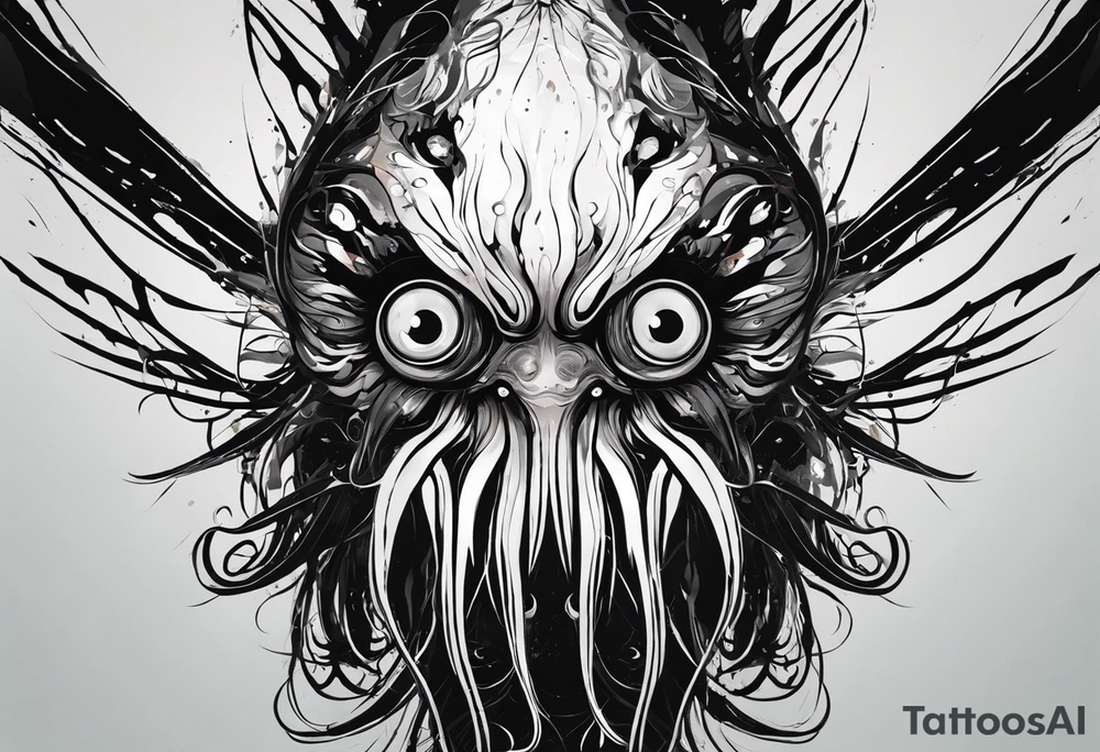 The equivalent of a horror and bizarre squid avatar. twisting and intersecting lines, making it look very wild and chaotic. The eyes of the squid are particularly prominent, one of them is white and the other is black, the overall expression is crazy and intense, with some distressed or damaged texture effects.

Able to change the color of the body and hide in the black sea tattoo idea