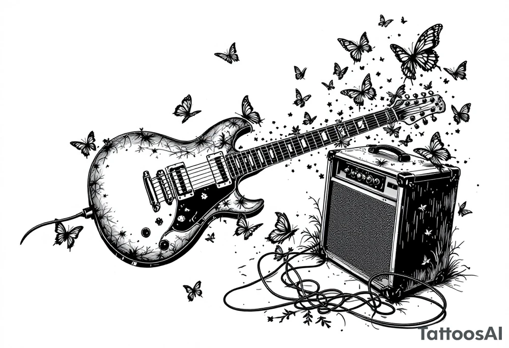An electric guitar plugged into an amp with butterflies flying around it in memory of tattoo tattoo idea