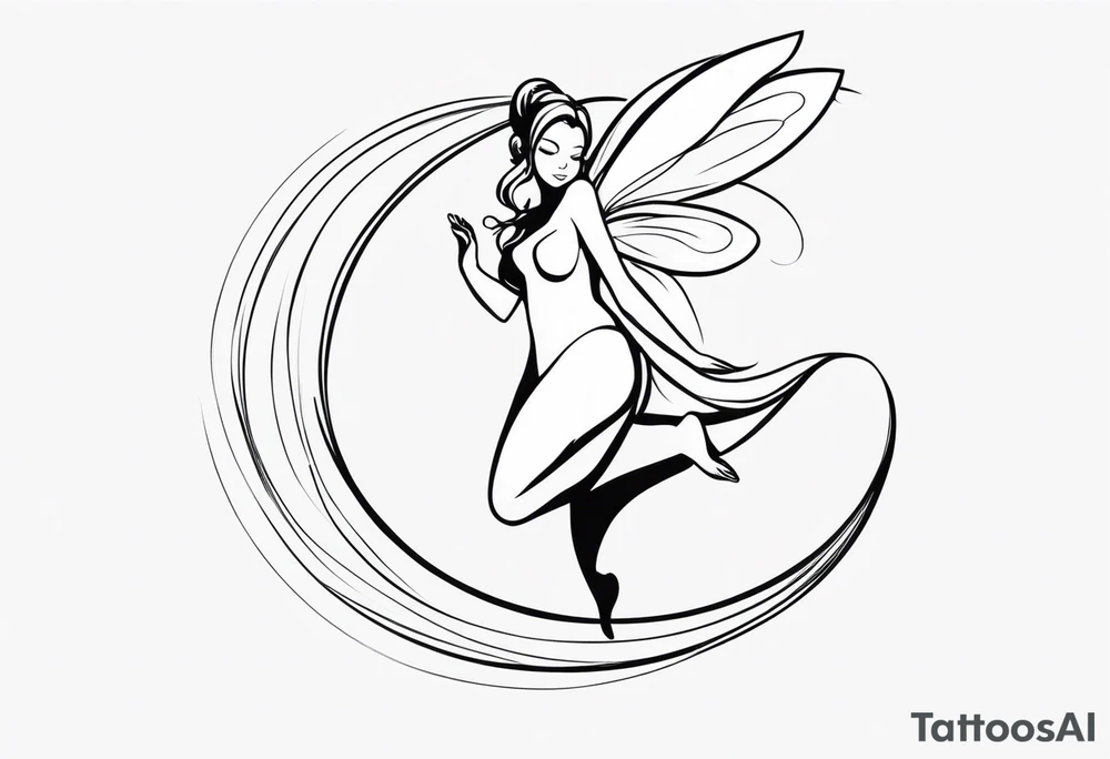 Minimalistic, monochromatic fairy with a tail flying to the left in a fetal position, leaning and looking in the same direction, with visible hands, embodying the 'Fairy Tail' logo aesthetic. tattoo idea