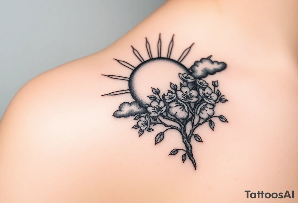 sun 
 surrounding by clouds, tree blooming with flowers on the shoulder tattoo idea