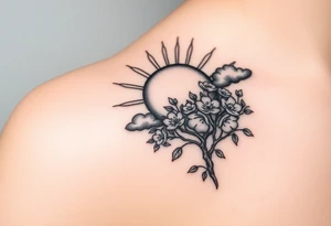 sun 
 surrounding by clouds, tree blooming with flowers on the shoulder tattoo idea
