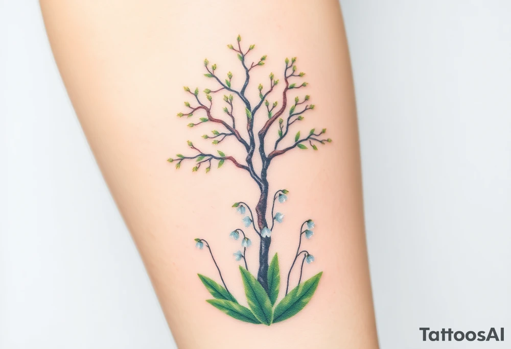 Lilly of the vally bell plants on the ground underneath a blooming hawthorn tree tattoo idea