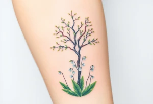 Lilly of the vally bell plants on the ground underneath a blooming hawthorn tree tattoo idea