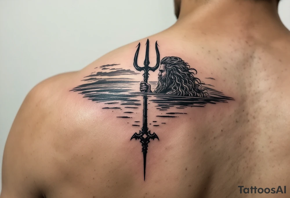 trident with Poseidon half way under calm water at sunset tattoo idea