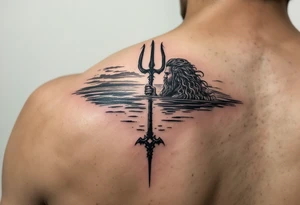 trident with Poseidon half way under calm water at sunset tattoo idea