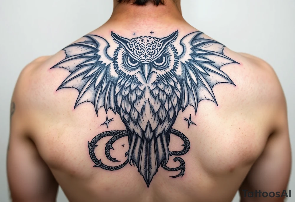 Majestic owl surrounded by beautiful dragon tattoo idea