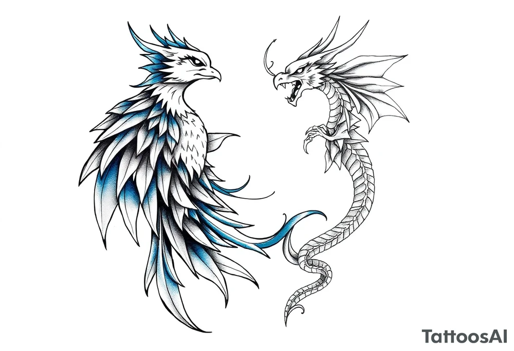 Blue Phoenix and dragon yin and yang tattoo idea