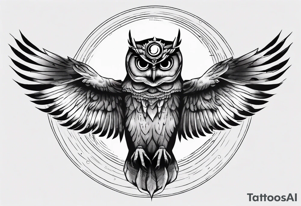 Wise Crowned Owl with the third eye flying towards the Dark Moon. Shoulder tattoo idea