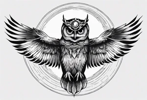 Wise Crowned Owl with the third eye flying towards the Dark Moon. Shoulder tattoo idea