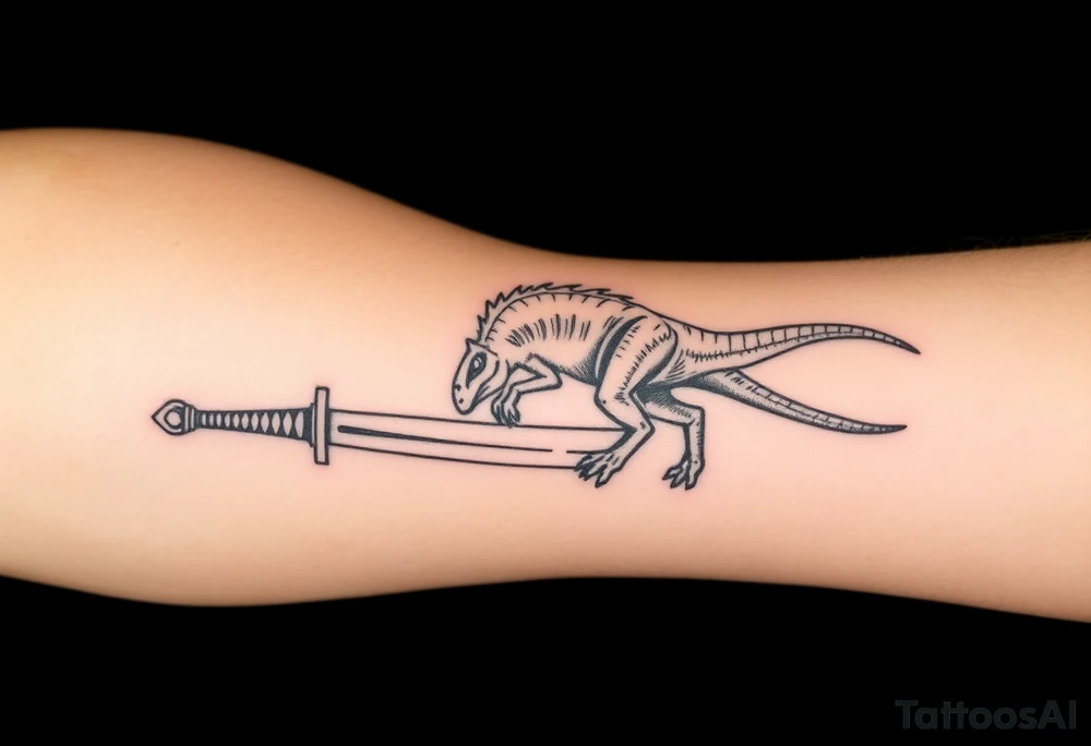 Tattoo on forearm with Brachiosaurus dinosaur on handle bar of a fingolfin sword. tattoo idea