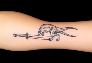 Tattoo on forearm with Brachiosaurus dinosaur on handle bar of a fingolfin sword. tattoo idea