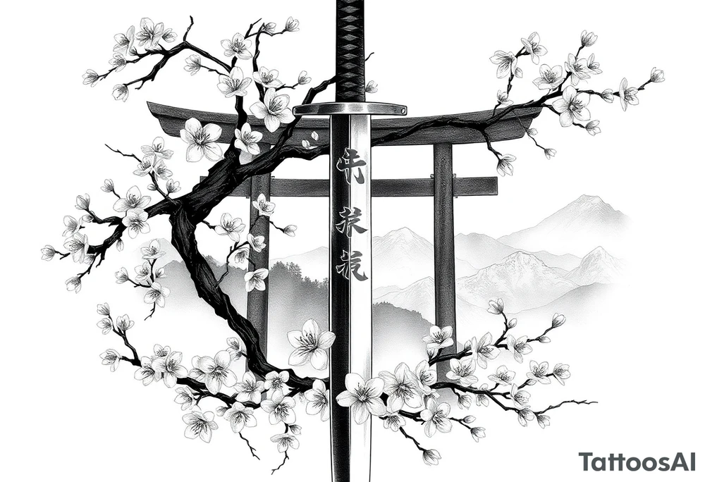 This is a black and gray realism tattoo rooted in discipline, duality, and intention. The centerpiece is a vertical katana, modeled after your original ink, clean and upright like a spine—symbolizing focus, precision, and grounded energy. It’s wrapped in the flowing limbs of a sakura tree, not as an accessory, but as an extension of the blade itself—representing beauty that blooms in adversity. Cherry blossoms aren’t scattered for aesthetics—they move with the wind, some drifting in the foreground, others clinging to the sword like it’s their protector. Behind it all sits a misty torii gate and layered mountains, giving the piece weight, history, and spiritual context. The kanji 平和の剣 (“Sword of Peace”) rides the piece vertically, not slapped on but earned—a message that resonates from the blade outward. The shading is deep and unifying, giving everything one breath, one tone, one story. Nothing floats, nothing competes. The sword doesn’t dominate the art—it becomes the axis around which peace, nature, and power orbit. tattoo idea