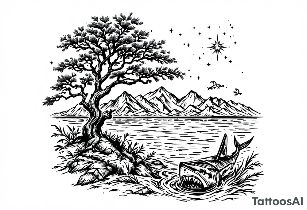 tattoo that has an acacia tree with mountains, ocean with a ship wreck with sharks and the northern star tattoo idea