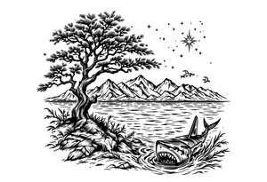 tattoo that has an acacia tree with mountains, ocean with a ship wreck with sharks and the northern star tattoo idea