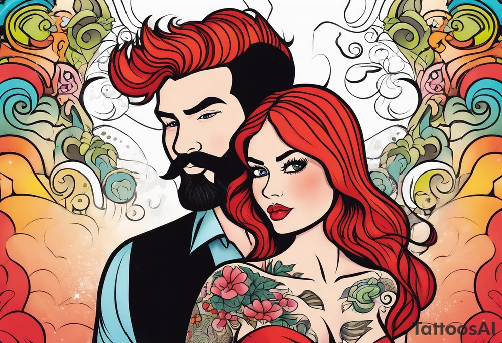 Busty Red haired woman with black haired bearded man tattoo idea